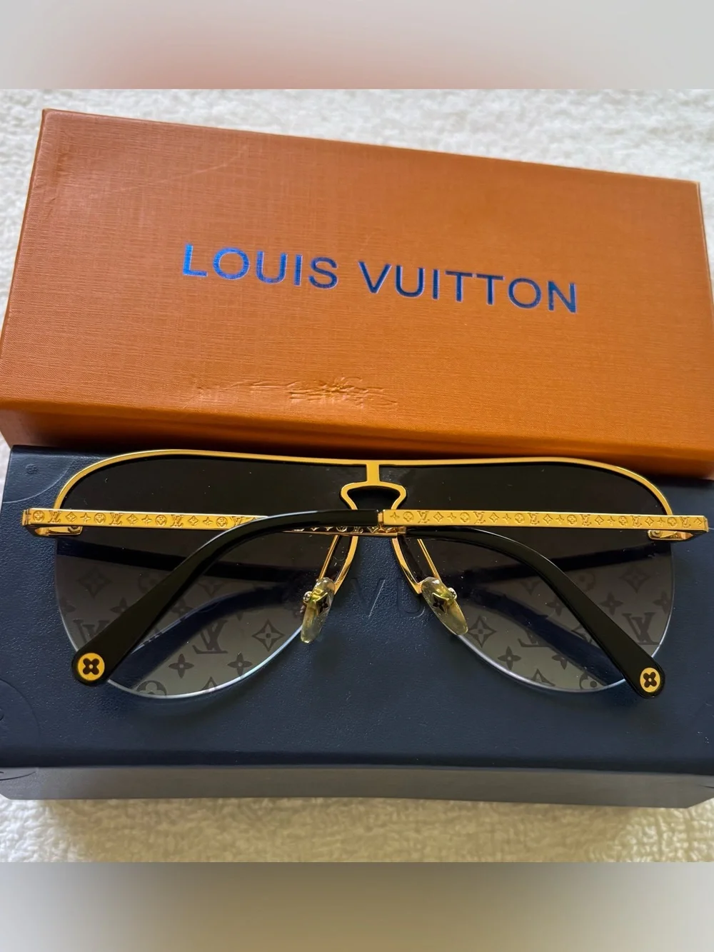 Louis Vuitton Gold-Tone Aviator Sunglasses with Blue Monogram Lenses
